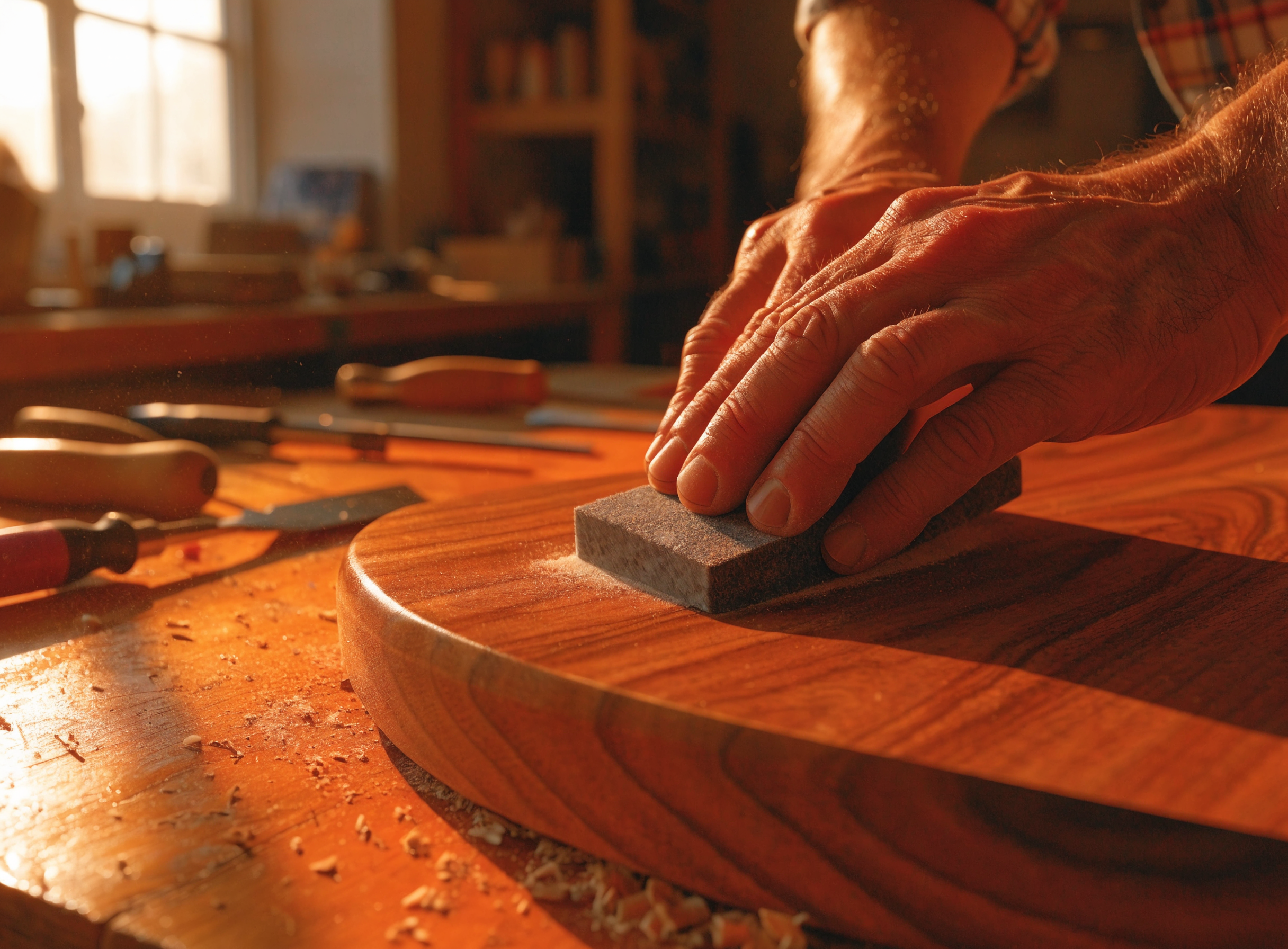Craftsman carefully sanding walnut tabletop