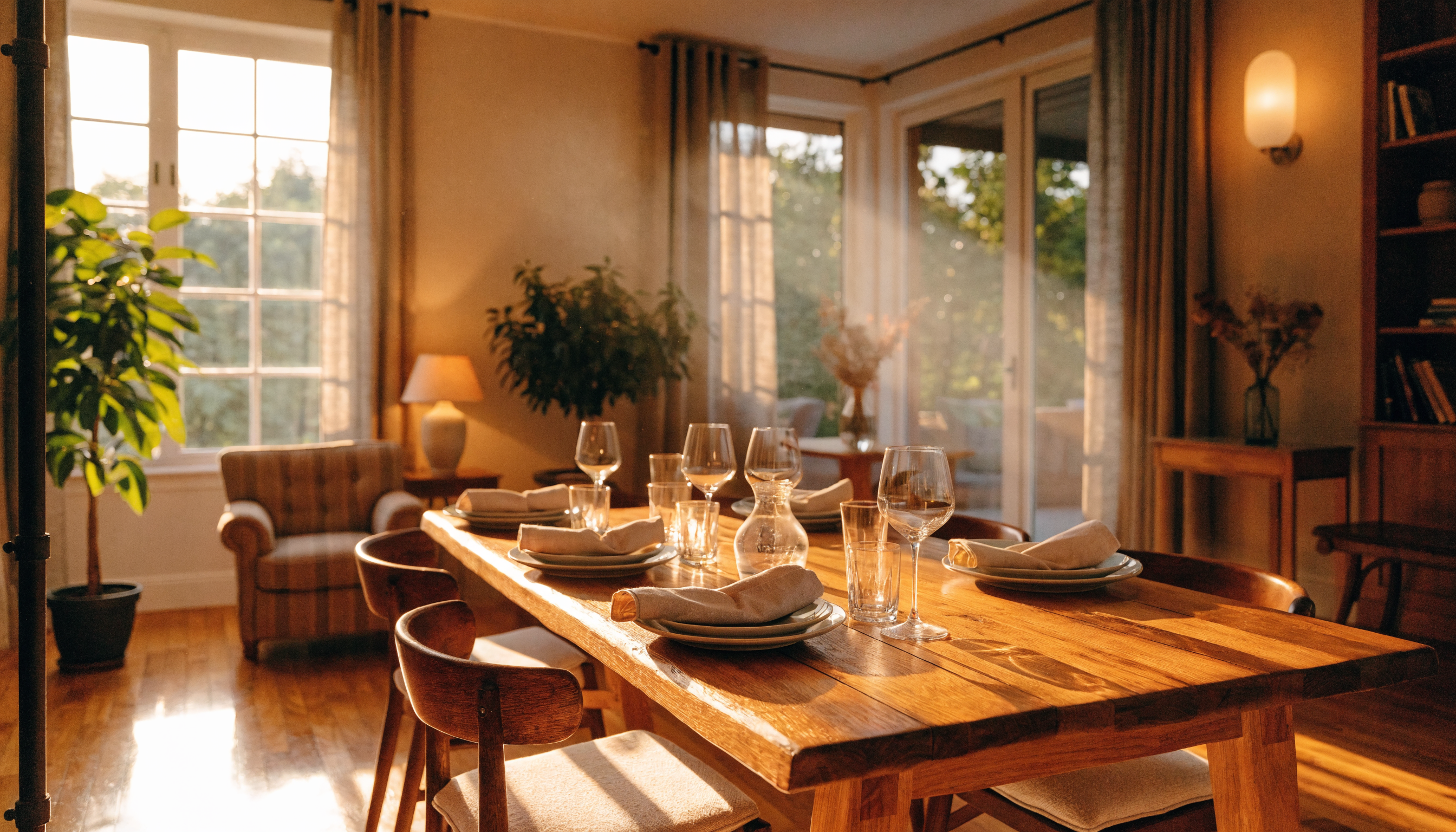 Warm sunlit dining room with handcrafted oak table