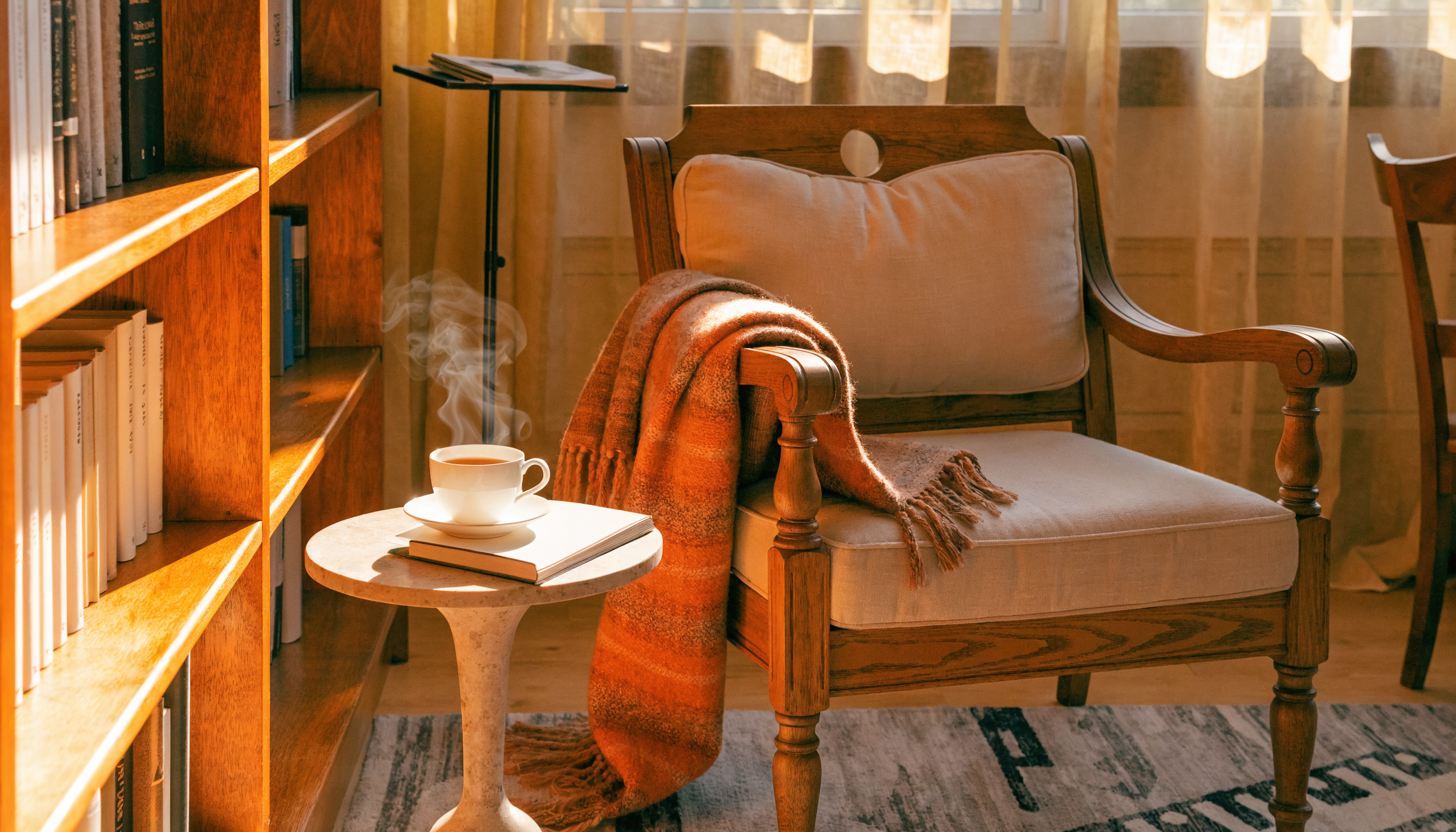 Cozy reading corner with handcrafted furniture